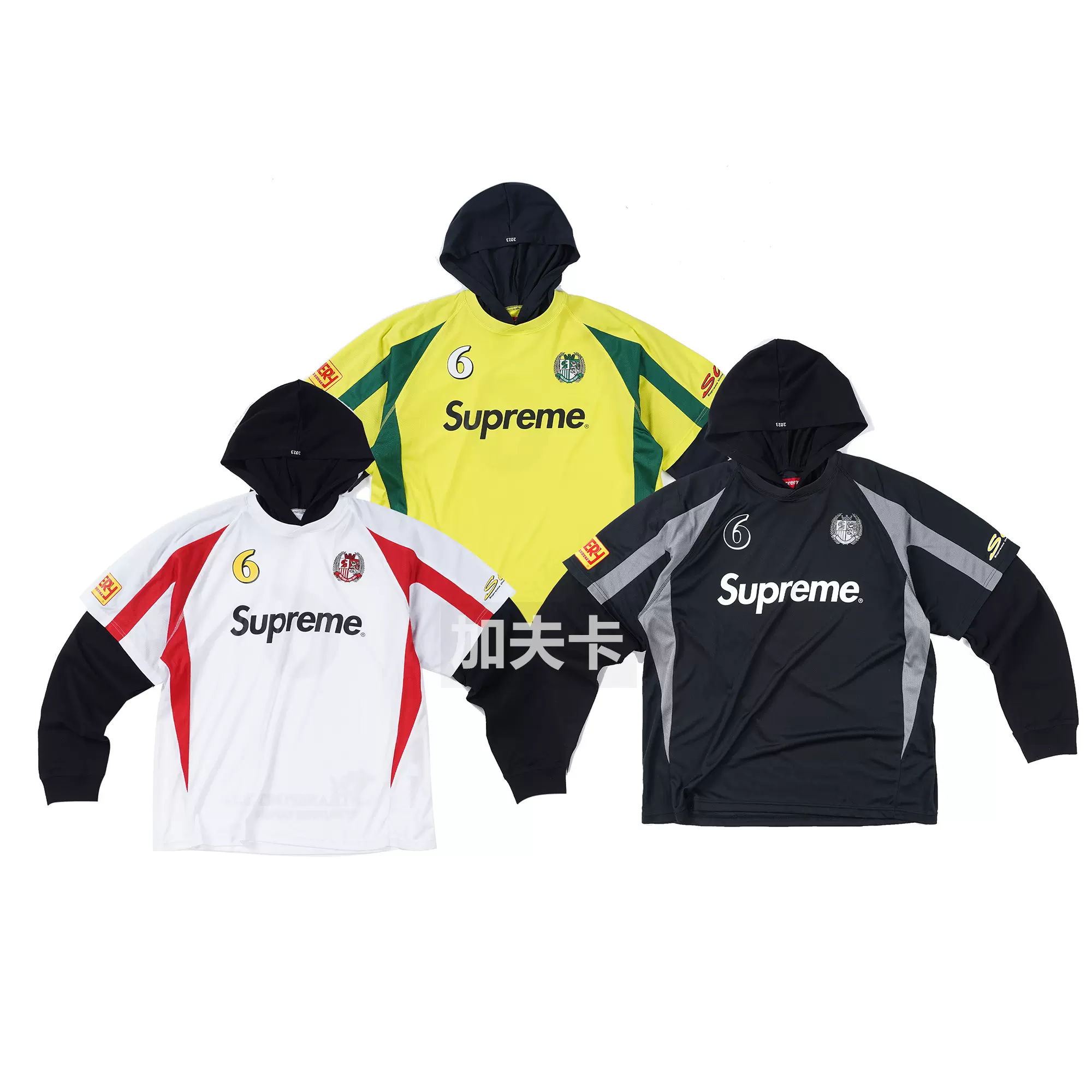 现货Supreme 23FW HOODED SOCCER JERSEY 连帽假两件足球衣长袖T-Taobao