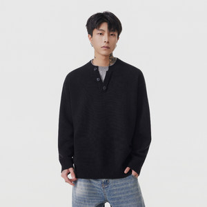 
Real shot of autumn and winter new solid color Henry collar button sweater sweater for men with casual loose top