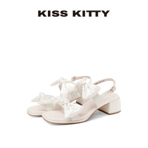 
KISSKITTY Fashion Sandals Women's Summer New Thick Medium Heels Empty White Bow Open-toed High Heels
