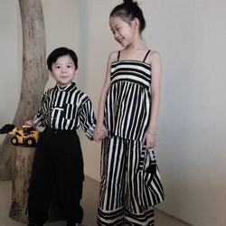 Lovinyanna Children's Wear Black And White Striped Suspender Suit / Shirt / Overalls + Black Trousers / Puff Sleeves