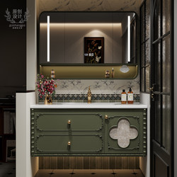 French-Style Oak Green Bathroom Cabinet Set with Integrated Ceramic Basin, Solid Wood Bathroom Vanity, Washbasin Cabinet