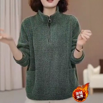 New winter fashion women's half-zipper plush top fashionable middle-aged mother loose meat covering plus velvet sweatshirt

