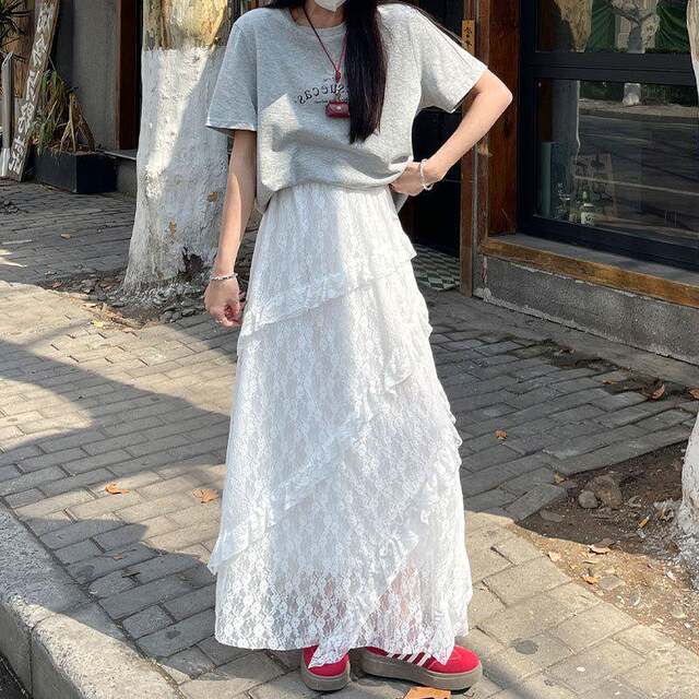 White lace skirt for women in summer 2025 new high waist drooping a-line skirt long skirt irregular cake skirt
