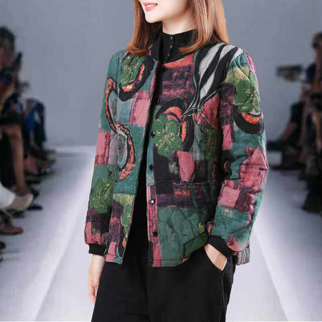 Autumn and winter Middle -aged mother cotton and linen large size foreign qi print cotton coat thin outer jacket female short top national wind cotton jacket