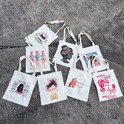 Printed Trendy Large-Capacity Single-Shoulder Canvas Bag for Male and Female Students, Suitable for Class, Tote Bag, Korean Style Niche Design
