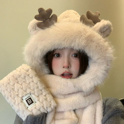 Autumn and Winter Women's Cute Antler Plush Hat, Scarf, and Gloves All-In-One Thick Warm Ear Protection Cold-Proof Three-Piece Set
