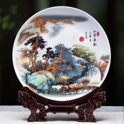 Jingdezhen Ceramic Landscape Pattern Decorative Plate Hanging Plate New Chinese Style Living Room Antique Shelf Home Room Decoration Ornaments