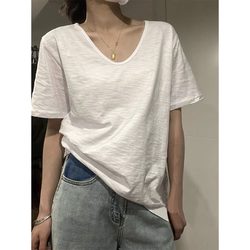 Bamboo Cotton V-Neck Short-Sleeve T-Shirt for Women, Summer Thin White Base Shirt, Loose and Slimming Half-Sleeve Top, Trendy Clothing