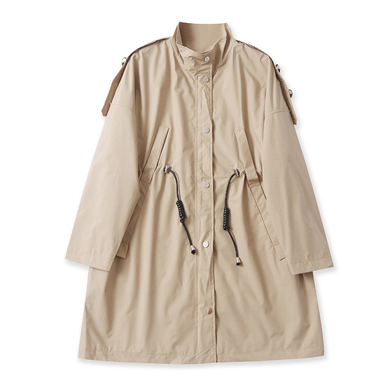 
C0158 Foreign Trade Korean Style Women's Windbreaker 2025 Autumn New Stand Collar Waist Casual Fashion Mid-Length Jacket