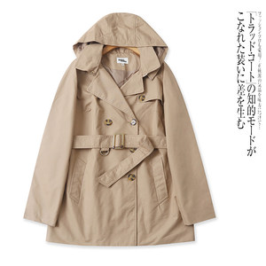 
F2252 foreign trade European and American single women's windbreaker spring new style lapel hooded double-breasted temperament mid-length coat