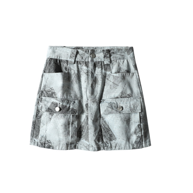 Spring brand discounts Personalized street high waist printing and dyeing multi-pocket denim hip short skirt for women 335