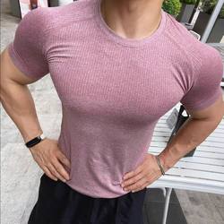 Alpha Men American-Style Fitness Short-Sleeved Men's Muscle-Showing Quick-Drying Elastic Slim-Fit T-Shirt Sports Bodysuit Training Clothes