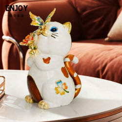 Enamel Cute Cat Figurine, High-End Luxury, Lucky Cat Home Decoration, Living Room Entrance Table Auspicious Ornament