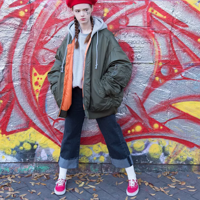 明星同款欧美嘻哈风ma 1飞行夹克棉衣女bf风连帽