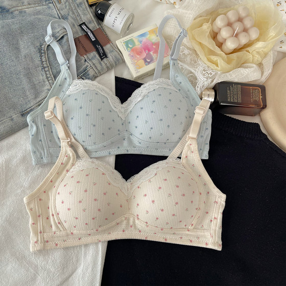 
Sweet floral underwear for women with small breasts gathered thin breathable without steel rings to collect secondary breasts for girls high school students