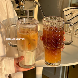 Large-Capacity Glass Cup with Handle and Straw, High-Value Office Coffee Cup with Lid for Girls