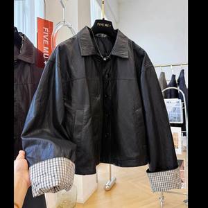 
Velvet PU leather jacket for women, black short, small, 2025 spring, autumn and winter new Hong Kong style loose leather jacket