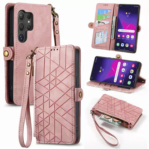 Geometric Stripes Wallet Folio Flip Card Holder Phone Cases Covers With Zipper Galaxy S24, Galaxy S24 Plus, Galaxy S24 Ultra, Galaxy S23, Galaxy S23 Plus, Galaxy S23 Ultra, Galaxy S22, Galaxy S22 Plus, Galaxy S22 Ultra,
