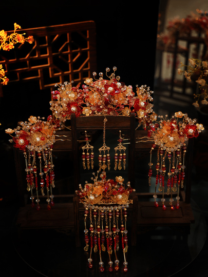 Mengyao Chinese Bridal Headdress - Gold & Red Xiuhe Crown