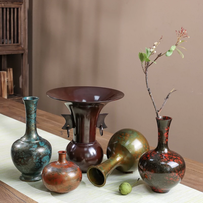 高岡銅器 勝峰銘銅花瓶 高さ24cm 置物 床の間 老銅 - 工芸品