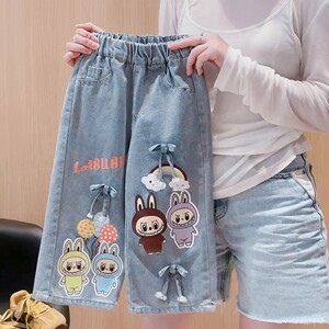 
Girls' Labubu Jeans Autumn New Labubu Children's Wide Leg Pants Medium and Large Children's Trousers Straight Leg Jeans