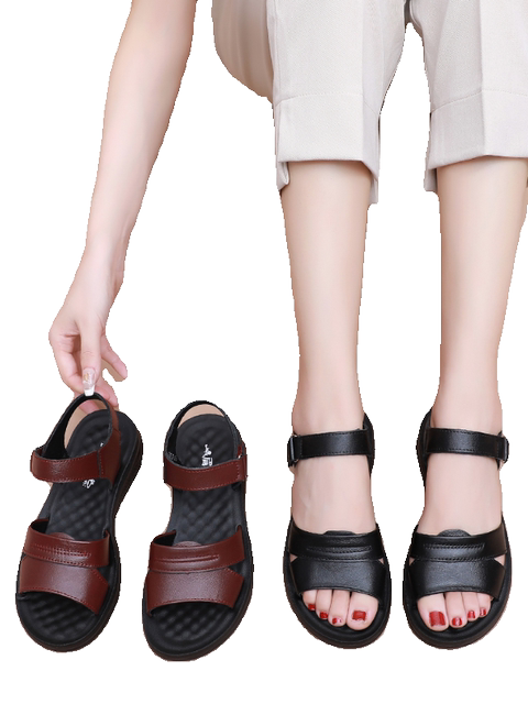 Red Green Leather Soft Soled Mothers Sandals For Women Summer Flat Non Slip Middle Aged And 7947