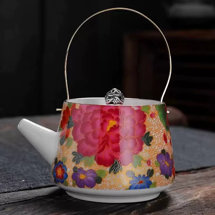 珐琅彩掐丝牡丹提梁壶描金大茶壶陶瓷泡茶器家用功夫茶具创意水壶 