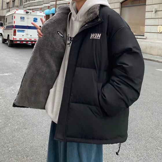 Winter plus velvet thickened on both sides wearing lamb cotton coat men's Hong Kong wind trend loose bun clothes couple casual jacket
