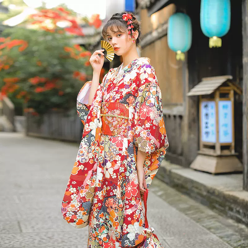 月下和服 振袖和服日系暗红色文艺复古长袖改良和服正装-Taobao