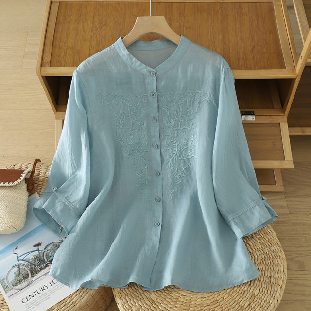 
New 2025 Chinese embroidered cotton and linen shirt for women with 7-quarter sleeves loose large-size stand-up collar shirt light blue white