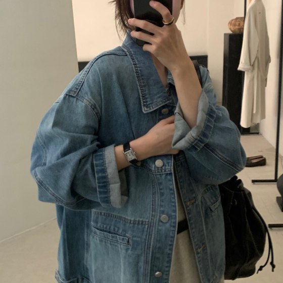
Leaves loose retro denim jacket for women 2025 new blue Korean version long-sleeved versatile slim jacket top