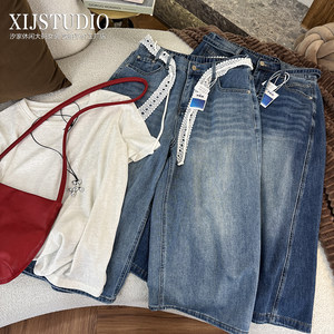 
Xijia large size summer new high-waist slim retro washed wide-leg large size casual three-quarter jeans