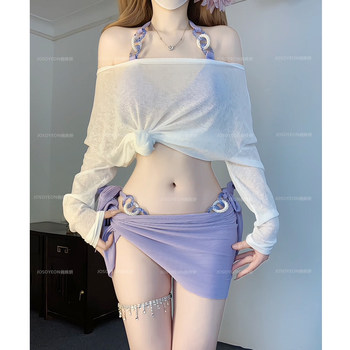 
Zhong Chuxi's star style light purple sweet and spicy triangular swimsuit tied sexy backless halter neck bikini