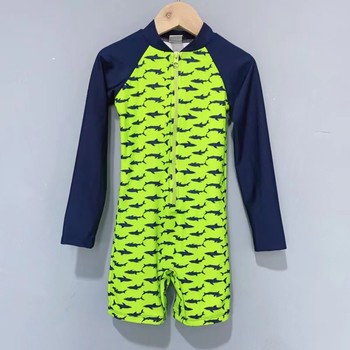 Boys long -sleeved zipper flat -angle surfing hot spring swimsuit
