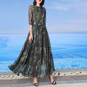 
2025 summer new style of famous lady temperament rich lady ink printing silk mulberry silk dress waist-hugging long skirt
