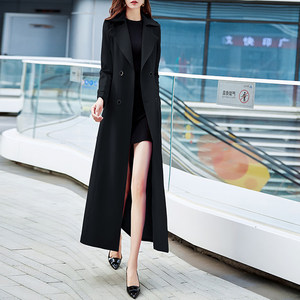 2025 spring clothing new fashionable temperament British style double-breasted long windbreaker jacket tie waist closure black simple