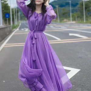 
2025 Spring and Summer New Super Fairy Fashion Silk Mulberry Silk Dress Loose Waist Beach Vacation Long Skirt