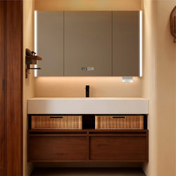 Solid Wood Bathroom Cabinet with Integrated Rock Slab Hot-Bent Basin, Hotel-Style New Chinese-Style Smart Mirror Cabinet, Washbasin Cabinet