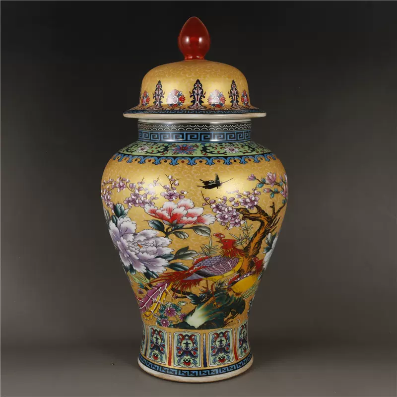 清乾隆琺瑯彩花鳥六方淺黃色賞瓶中式博古架仿古瓷器做舊古董擺件