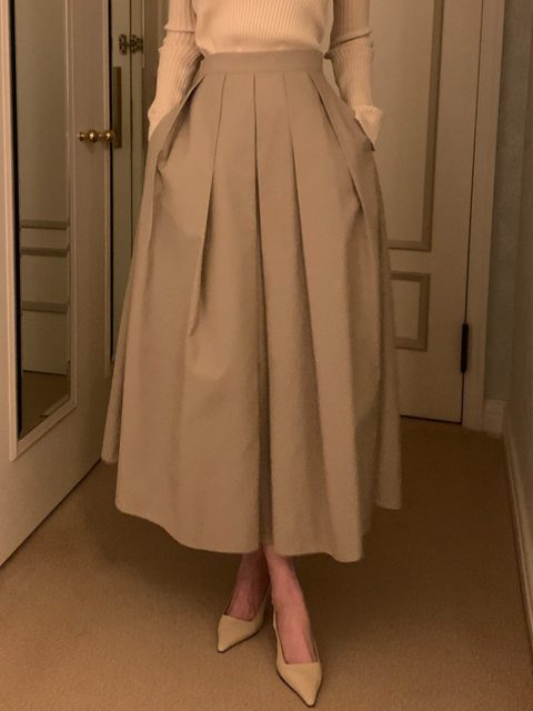 South Korea Chic spring temperament retro, thin waist, high -waisted high -waisted A -line skirt mid -length pleated skirt female woman