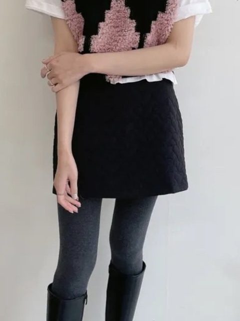 South Korea Chic autumn and winter versic sweet cotton cotton -straight love cotton pattern skirt women's high -waist A -line skirt