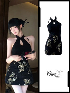 New Chinese style improved cheongsam dress short skirt 2025 summer hot girl printed waist-hugging sexy short skirt A-line skirt