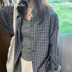 La Chapelle Retro Blue Plaid Long-Sleeved Shirt for Women 2026 New Summer Lapel Casual Jacket Top