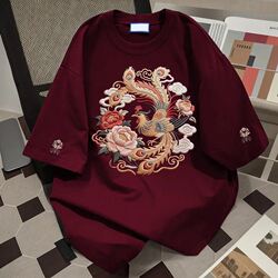 Foreign Trade Clearance~ Withdrawn Items, Bargain Imitation Embroidery, Chinese Style Retro Phoenix Print Top, New Summer Short-Sleeve T-Shirt, Trendy