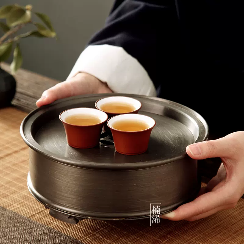 潮州工夫茶道具潮陽老字號顏正和錫茶盤真料點銅雕刻仿古圓形壺承-Taobao