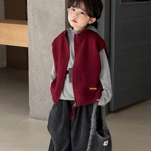 
Boys' red sweater vest, spring and autumn style, children's zipper knitted cardigan, girl's wool vest, fashionable outer wear