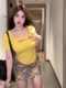 Yellow large neckline front shoulder short-sleeved T-shirt for women in summer fat MM large size women's pure sexy hot girls ins slim top