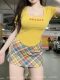 Yellow large neckline front shoulder short-sleeved T-shirt for women in summer fat MM large size women's pure sexy hot girls ins slim top