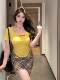 Yellow large neckline front shoulder short-sleeved T-shirt for women in summer fat MM large size women's pure sexy hot girls ins slim top