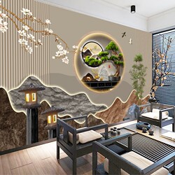 Landscape Painting Wallpaper Self-Adhesive Living Room Wall Decoration Stickers Tea Room Background Wall Mural Office Wall Stickers Wallpaper
